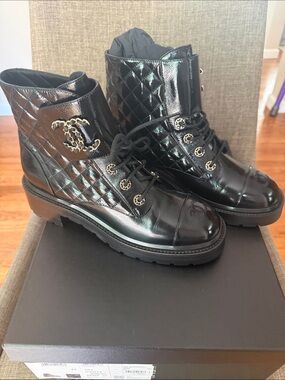 CHANEL Black Quilted Patent Leather Combat Boots with Gold CC Chain